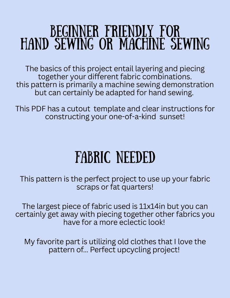 K&ouml;nnte beinhalten: Ein hellblaues Informationsdokument mit schwarzem Text, betitelt BEGINNER FRIENDLY FOR HAND SEWING OR MACHINE SEWING. Es beschreibt ein N&auml;hprojekt mit Stoffschichten, einer Schnittvorlage und einem Stoffbedarf von 28x36 cm.
