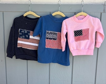 Upcycled Kids Coastal crews/shirts: American Flag made with recycled fabric