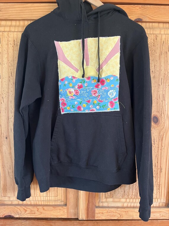 Upcycled Coastal Hoodie: Black Sunset Recycled Fabric Patchwork, size Medium