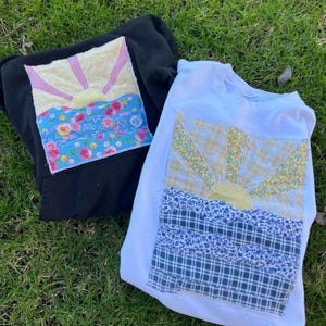 Upcycled Coastal Hoodie: Black Sunset Recycled Fabric Patchwork, size Medium