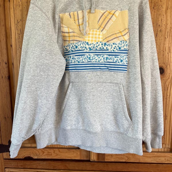 Upcycled Coastal Hoodie: Gray Sunset Recycled Fabric Patchwork, size XL