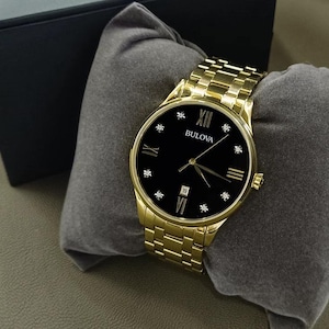 Klasyczny męski zegarek kwarcowy z czarną złotą tarczą 97D108 z diamentami 40 mm Nowy - z pudełkiem