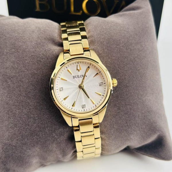 NEW 97P150 Sutton White Venation Diamond Dial Gold Bracelet Women's Watch Gift for Her