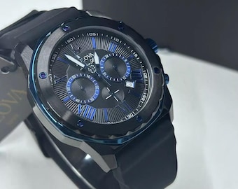 Nuovo orologio al quarzo da uomo Marine Star 98B308 con quadrante blu e nero, 44 mm, cinturino in silicone