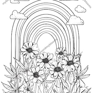 May include: A black and white line drawing of a rainbow with clouds above it.  Below the rainbow are flowers and leaves.