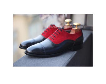 Handcrafted Men's Black Color Leather, Red Suede Oxford Lace Up Toe-Cap Shoes