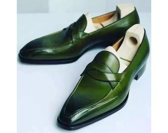 Bespoke Men's Handmade Green Oxford Slip On Moccasin Loafers Shoes Men