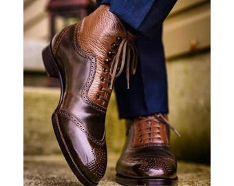 Men's Handmade Brown Leather Oxford Brogue Dress Formal High Ankle Boots
