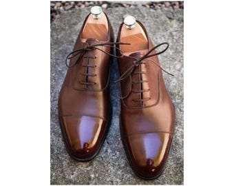 Handmade Men's Brown Color Leather Oxford Cap-Toe Lace Up Formal Leather Shoes