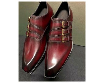 Scarpe Oxford da uomo in pelle color bordeaux, fatte a mano, con triplo cinturino Monk.