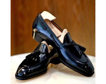 Handmade New Men's Shinny Black Color Leather Oxford Slip On Moccasin Loafers Tassels Shoes