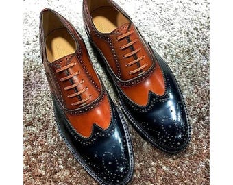 Handstitched New Men's Two Tone Leather Oxford Wingtip Brogue Lace Up Dress Shoes