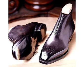 Men's Handcrafted Gray Leather Black Shaded Lace Up Brogue Wedding St Patrick Day Boot