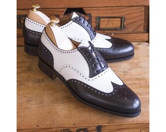 Bespoke Handmade Men's Two Tone Color Leather Oxford Lace Up Dress Trendy Shoes