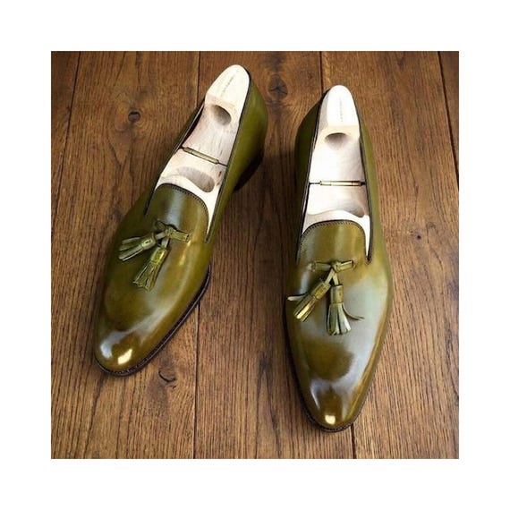 Men's Handmade Olive Green Leather Dress Formal Leather Slip on Shoes