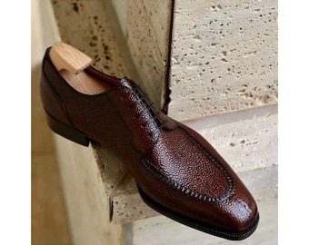 New Men's Trendy Chocolate Brown Grain Leather Derby Lace Up Top Fashion Shoes