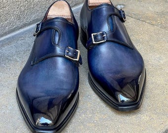 Handmade Men Blue Leather Double Monk Strap Trendy Stylish Shoe