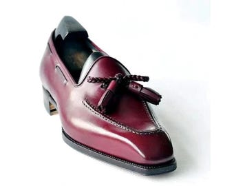Bespoke Men's Handmade Burgundy Color Leather Oxford Slip On Moccasin Tassels Loafers Shoes