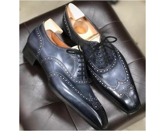 Bespoke Men's Grey Color Leather Oxford Wingtip Brogue Fashion Wear Shoes