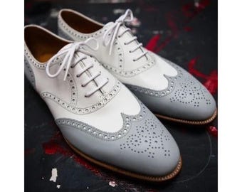 Bespoke Men's Handmade Gray, White Leather Oxford Wingtip Brogue Lace Up Dress Shoes