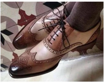 Bespoke Men's Handmade Three Tone Leather Oxford Brogue Wingtip Lace Up Dress Shoes