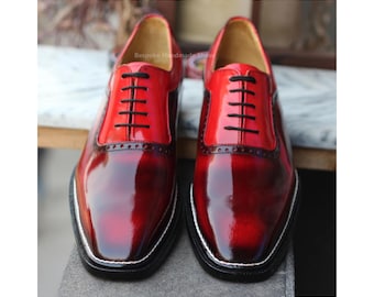 Men's Handmade Red Color Leather Oxford Lace Up Formal Party Shoes