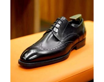 Bespoke Men's Handmade Black Leather Derby Wingtip Brogue Lace Up Dress Formal Shoes