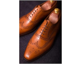 Bespoke Men's Handcrafted Orange Tan Leather Oxford Wingtip Brogue Lace Up Shoes