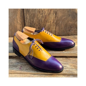 purple and yellow dress shoes Men's Yellow & Blue Leather Wingtip Oxford Shoes US 9.5 | UK 9