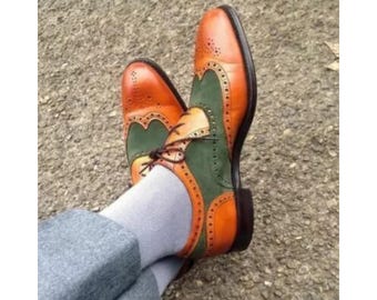 Bespoke Men's Handmade Orange Leather, Green Suede Oxford Wingtip Lace Up Dress Shoes