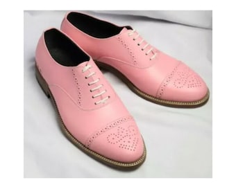 New Men's Handmade Pink Color Leather Oxford  Lace Up Dress Formal Shoes