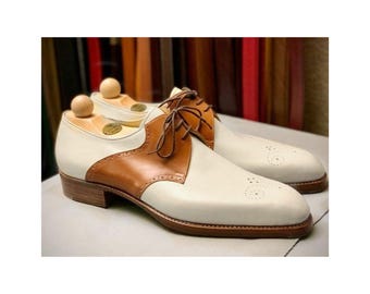 Acquista scarpe Derby Brogue da uomo in pelle bicolore fatte a mano, alla moda, casual, da matrimonio