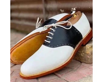 Handmade Men's White, Black Color Leather Oxford Lace Up Formal Shoes