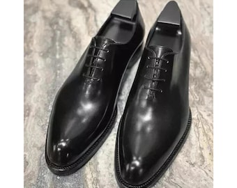 Handmade Men's Black Color Leather Oxford Whole-Cut Lace Up Casual Wear Shoes