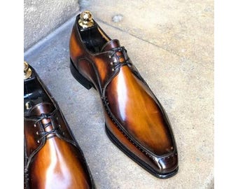 Bespoke Men's Yellowish Tan Leather Derby Lace Up Formal Shoes Men