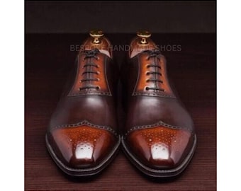 Zapatos Oxford de piel bicolor con punta de ala, estilo brogue, con cordones, hechos a mano para hombre.