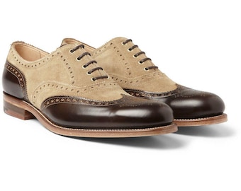 Fabriquées à la main, chaussures à lacets formelles bicolores en daim et en cuir richelieu pour hommes