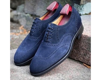 Bespoke Men's Handmade Blue Suede Oxford Wingtip Brogue Lace Up Dress Shoes