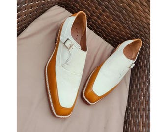 Bespoke Handstitched Men's Two Tone Color Leather Formal Dress Monk Strap Shoes