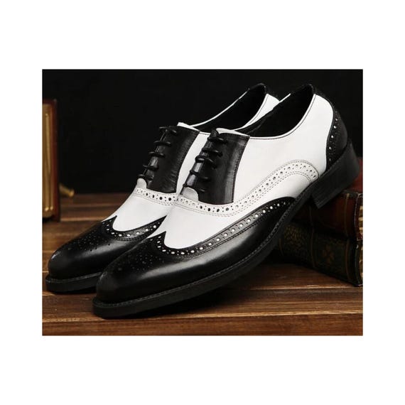 Bespoke Men's Black, White Color Leather Oxford Wingtip Brogue Lace Up Dress Shoes