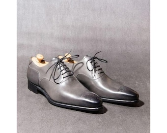 Men's Handmade Gray Color Leather Oxford Whole-Cut Brogue Lace Up Formal Shoes
