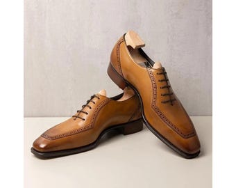 Bespoke Men's Handmade Tan Color Leather Oxford Lace Up Formal Shoes