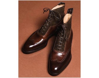 Handcrafted Men's Dark Brown Leather Oxford Lace Up Wingtip High Ankle Dress Boots