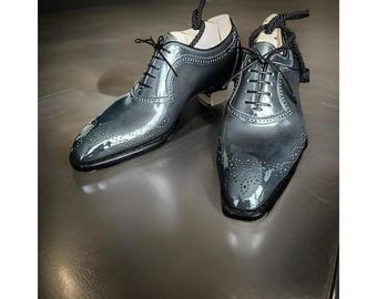 Handmade Men's Gray Leather Oxford Whole-Cut Lace Up Brogue Dress Formal Shoes