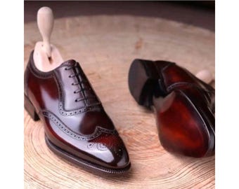 New Men's Handmade Burgundy Color Leather Oxford Wingtip Brogue Lace Up Dress Shoes