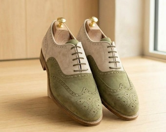 Bespoke Suede Oxford Shoes, White Green Two-Tone Brogues For Event Wedding Party
