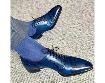 Bespoke Men's Handmade Blue Color Leather Oxford Cap-Toe Lace Up Formal Shoes