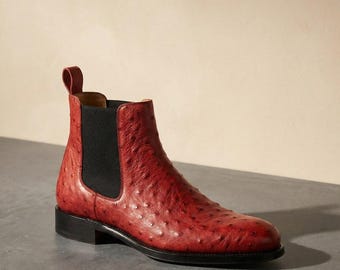 Handstitched Men's Red Ostrich Leather Texture Pull On Casual Wear Boots