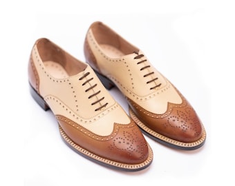 Bespoke Men's Two Tone Leather Oxford Wingtip Brogue Lace Up Unique Fashion Shoes