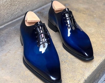 Handcrafted Men's Blue Leather Oxford Whole-Cut Lace Up Formal Wear Shoes